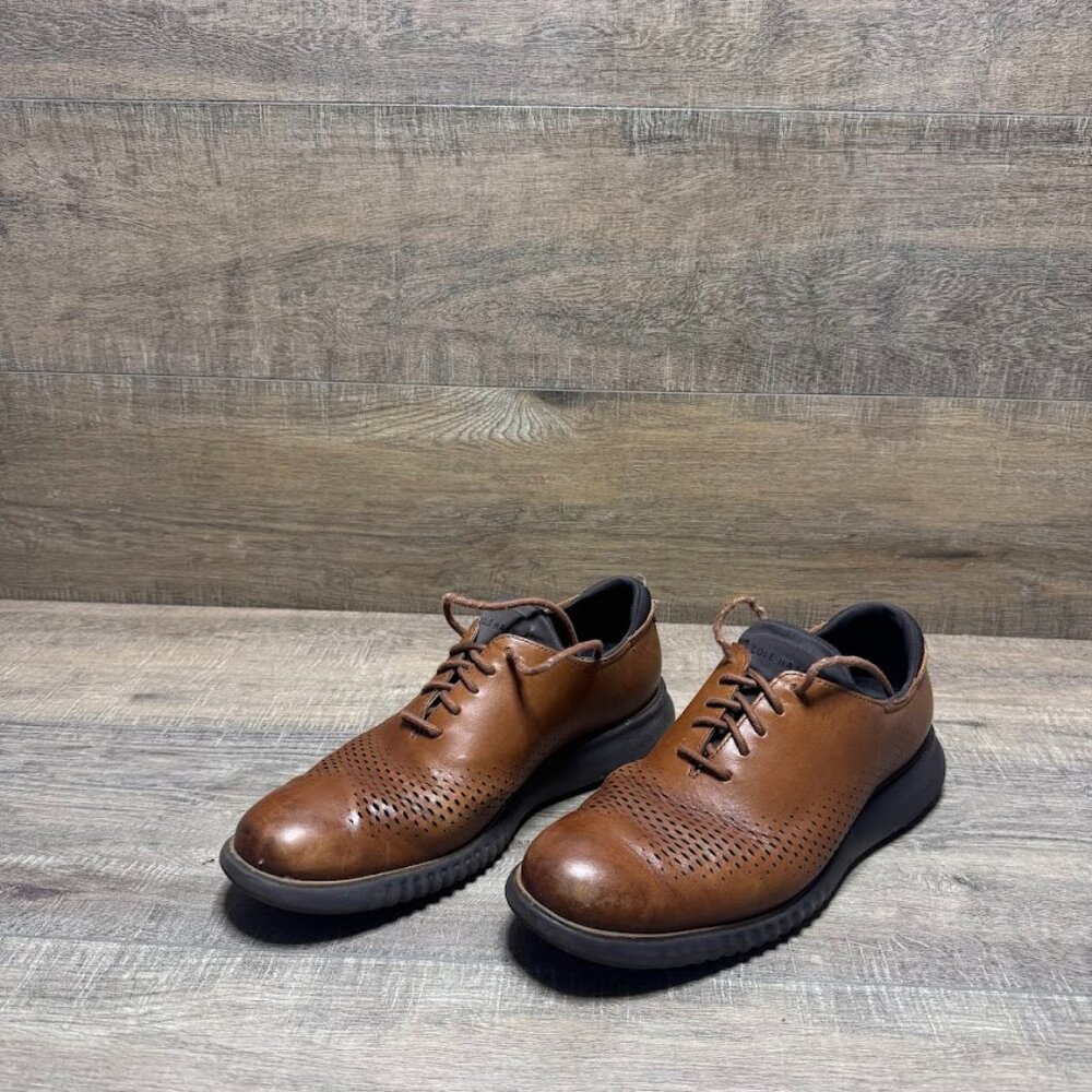 Cole Haan 2.ZeroGrand Lined Laser Brown Leather Oxford Shoes Men's Size 9